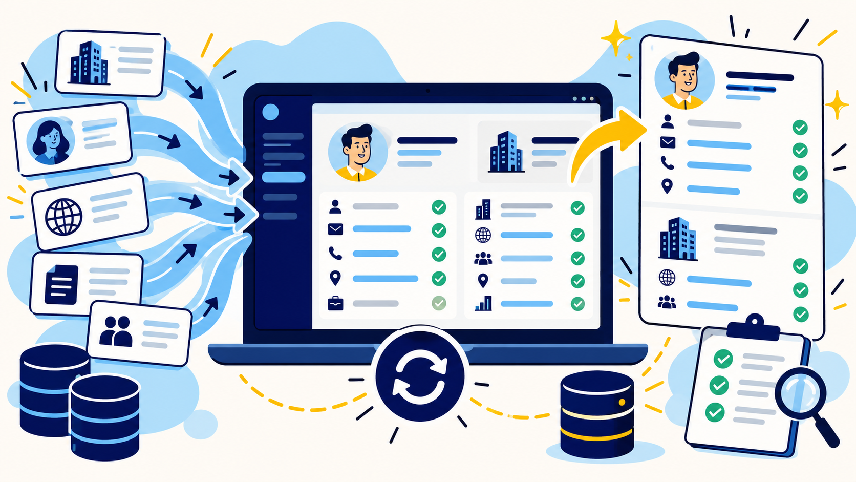 Messy B2B records flowing through a standardize, clean, dedupe, validate and enrich machine into verified company and contact records