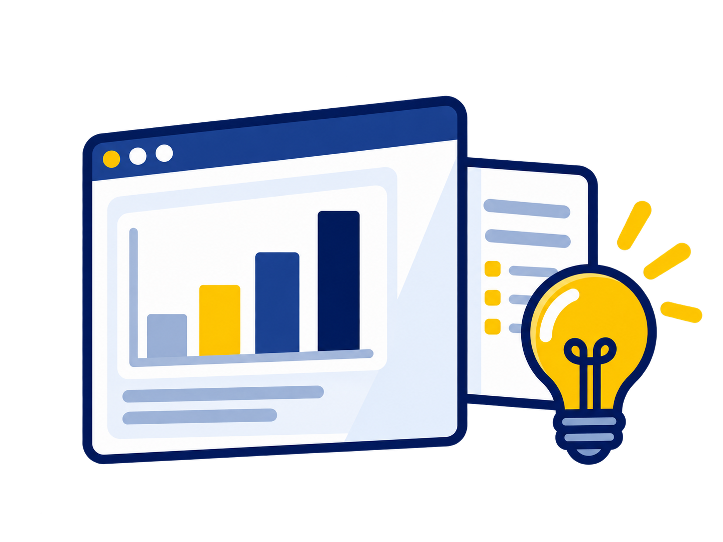 Analytics dashboard beside an insight checklist and lightbulb